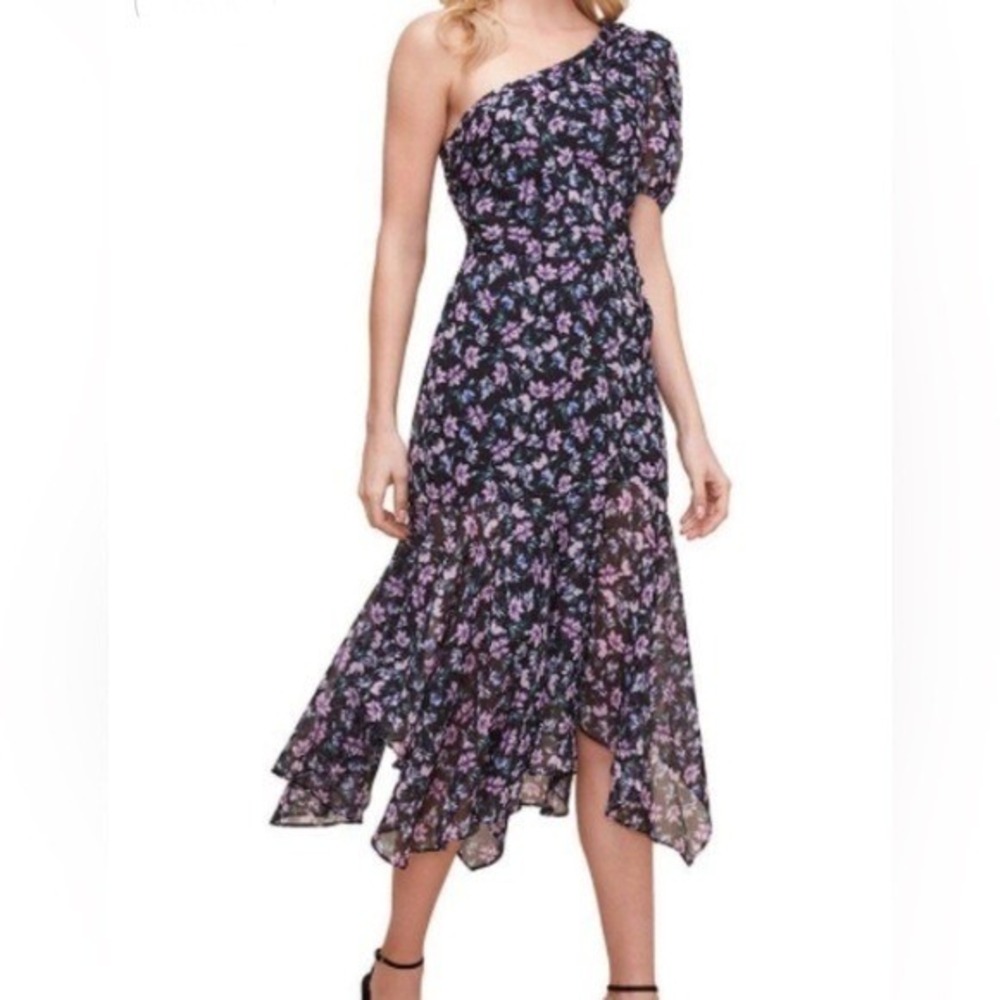 ASTR the Label Santorini Dress Black Purple Floral‎ Ruffle One Shoulder Romantic